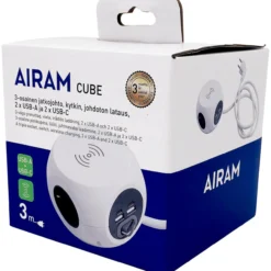Jatkojohto Airam Cube 3-osaa Kyt. WC, 4USB, 3 m, 2 x USB-A, 2 x USB-C, puhelimen langaton lataus