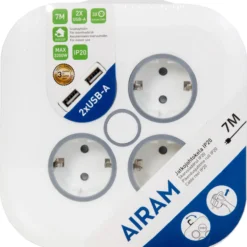 Jatkojohtokela Airam 3-osaa 2USB-A 7m 3X16A, 2USB 2,4A H05VV-F 3G1,5mm, IP20