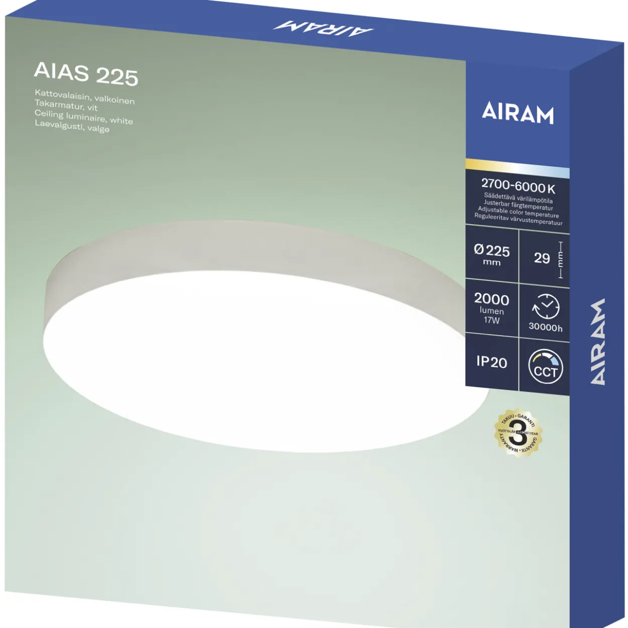 Kattovalaisin Airam Aias 225 17 W 2000 lm IP20 CCT