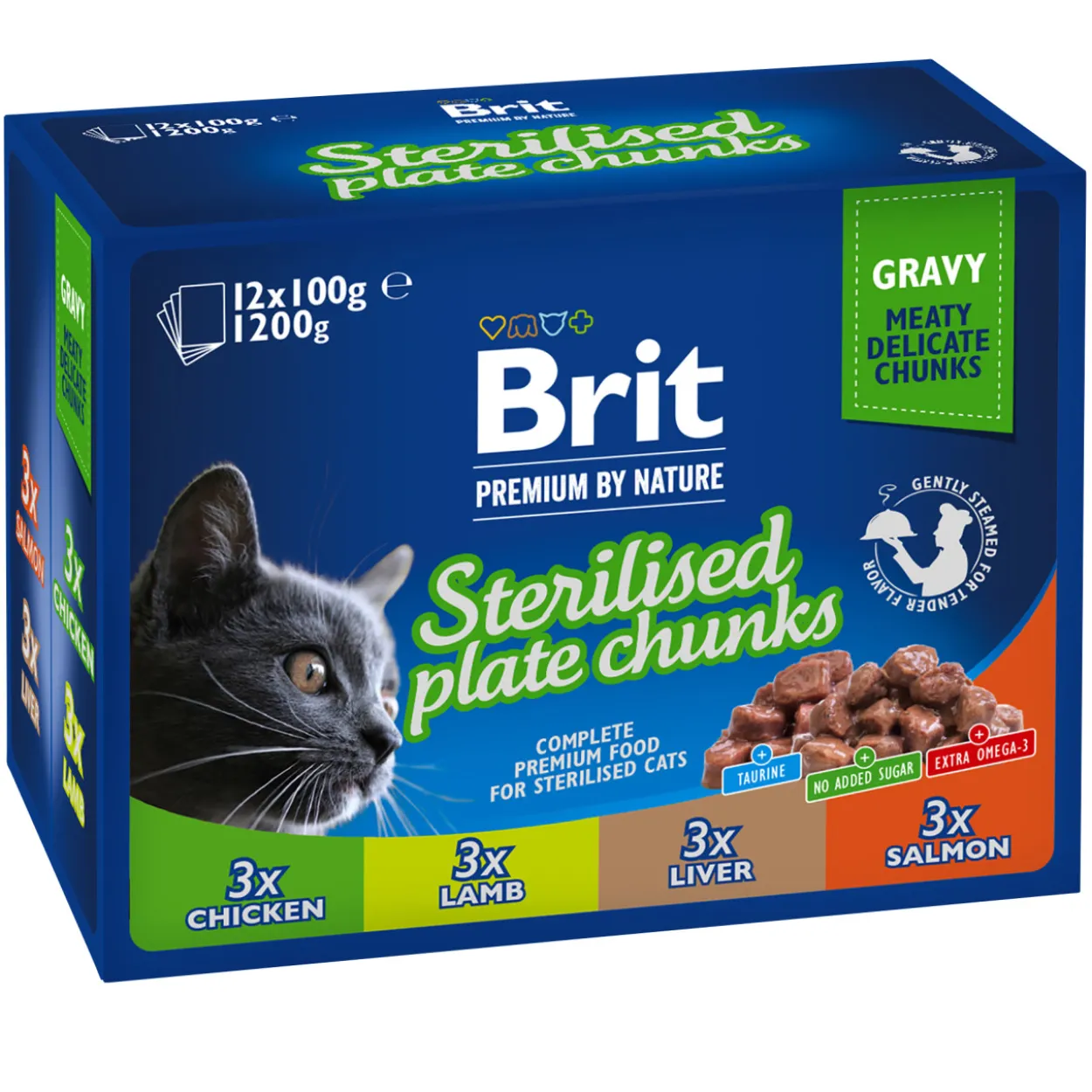 Kissanruoka Brit Premium 12 x 100 g paloja kastikkeessa steriloiduille kissoille