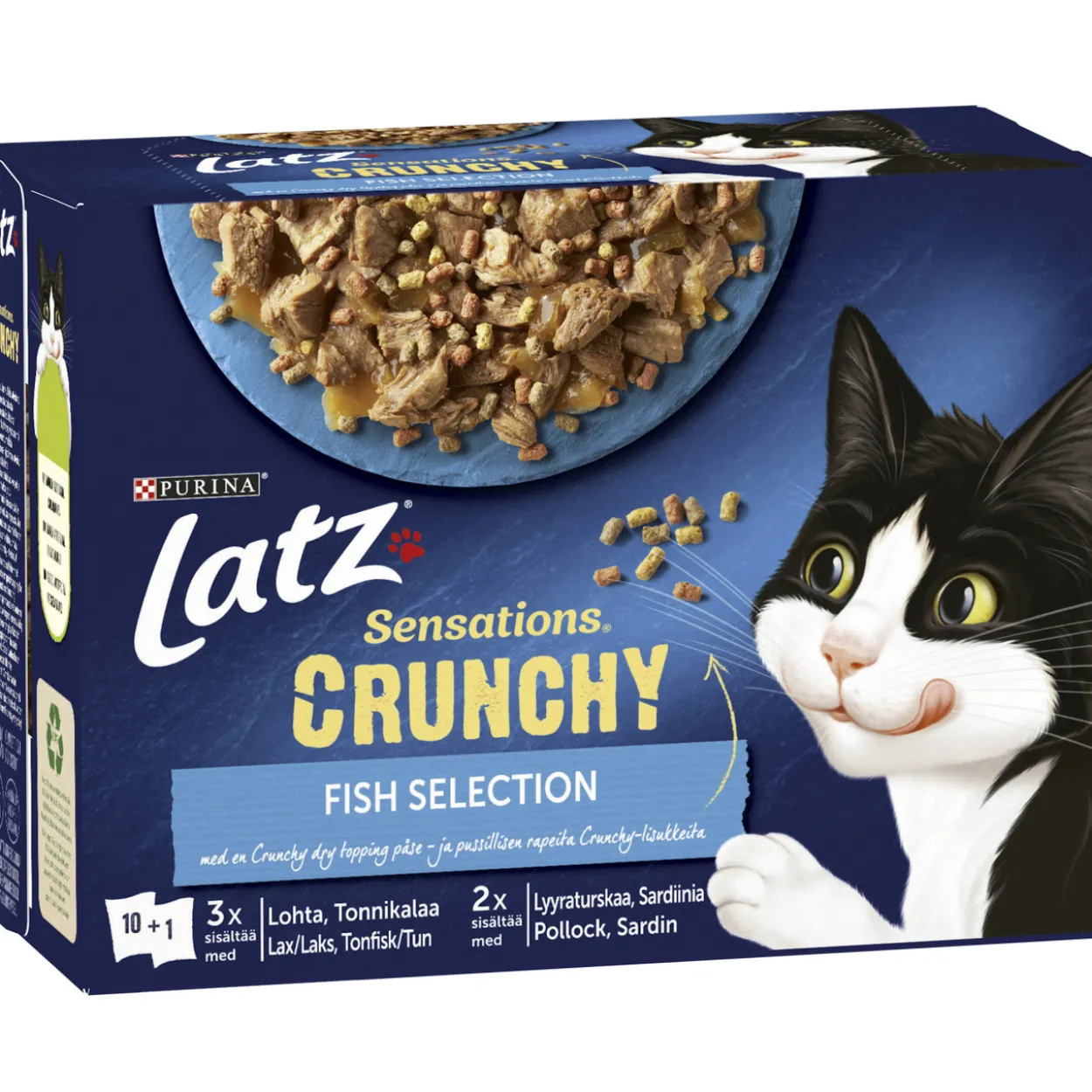 Kissanruoka Latz 10 x 85 g +40 g Sensations Crunchy Fish kalalajitelma hyytelössä