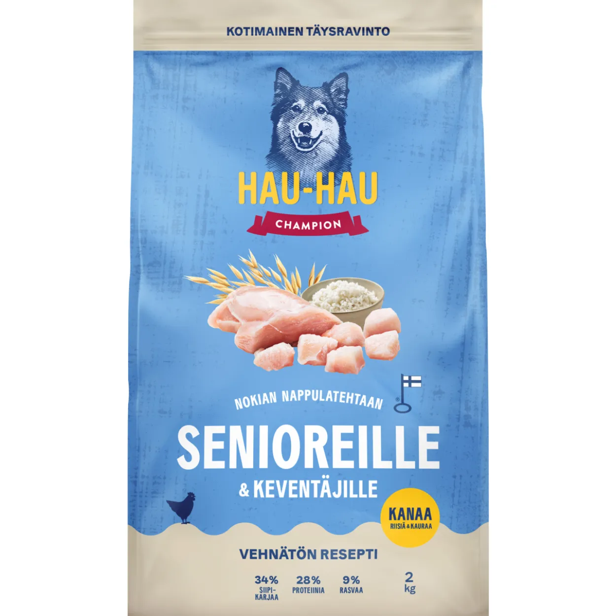 Koiranruoka Hau-Hau 2 kg senioreille ja keventäjille, kanaa, riisiä & kauraa