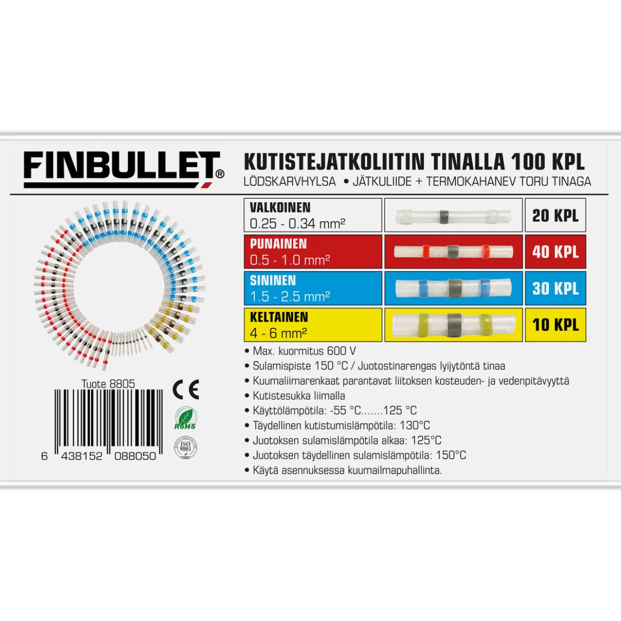 Kutistejatkoliitin tinalla 100 kpl valikoima