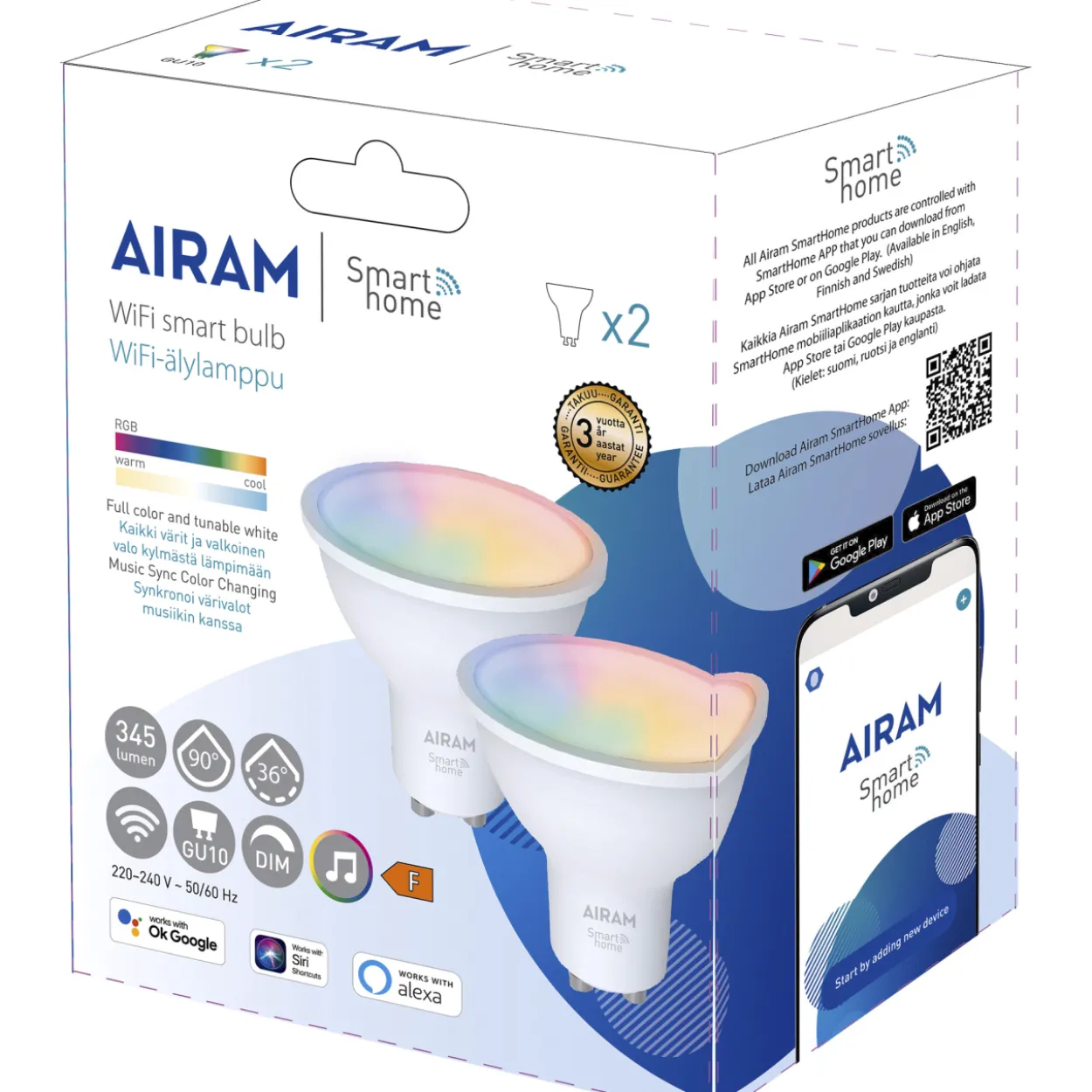 LED-lamppu Airam SmartHome PAR16 827-865 RGB GU10, 2 kpl