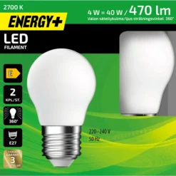 LED-lamppu 470 lm G45 E27 2700 K, 2 kpl
