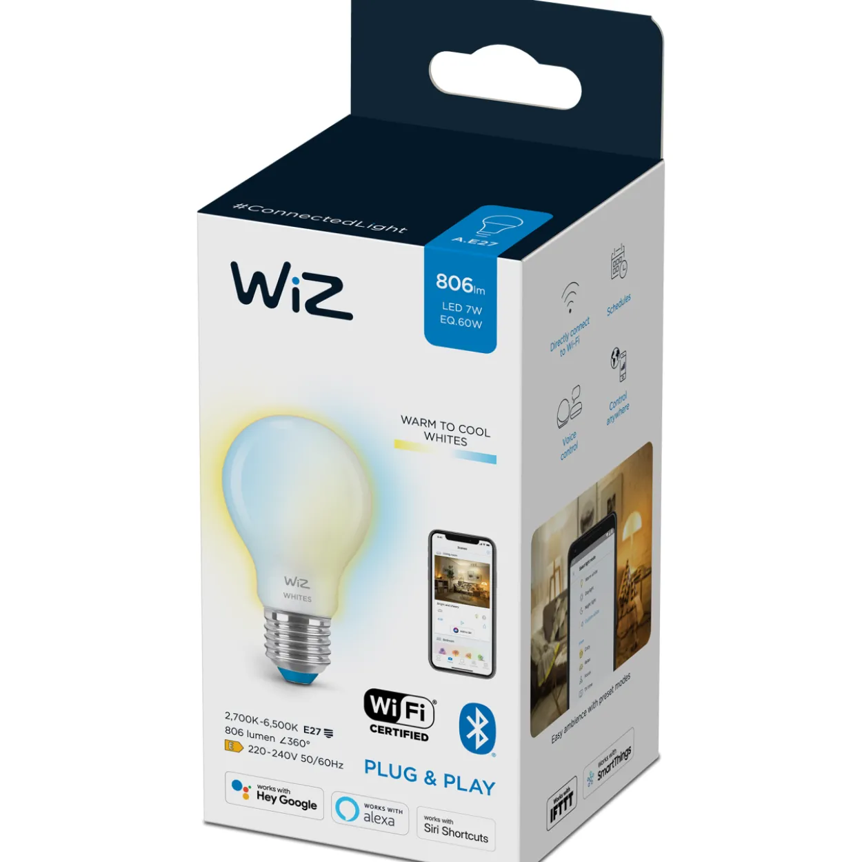 Älylamppu WiZ Tunable White 60 W E27, huurrettu