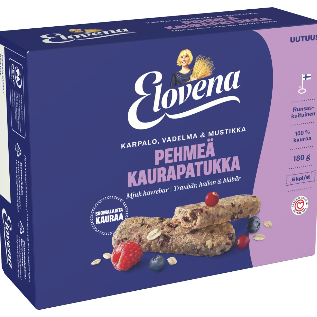 Pehmeä kaurapatukka Elovena 6 x 30 g Karpalo-vadelma-mustikka
